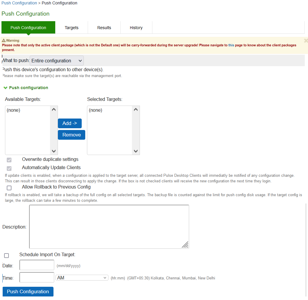 Push Configuration Selected Settings Page