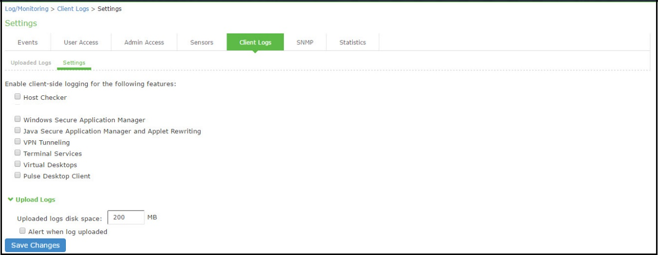 Client Logs Configuration Page