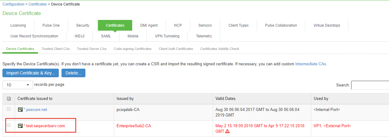 Issued to Certificate on the Device Certificates Pages