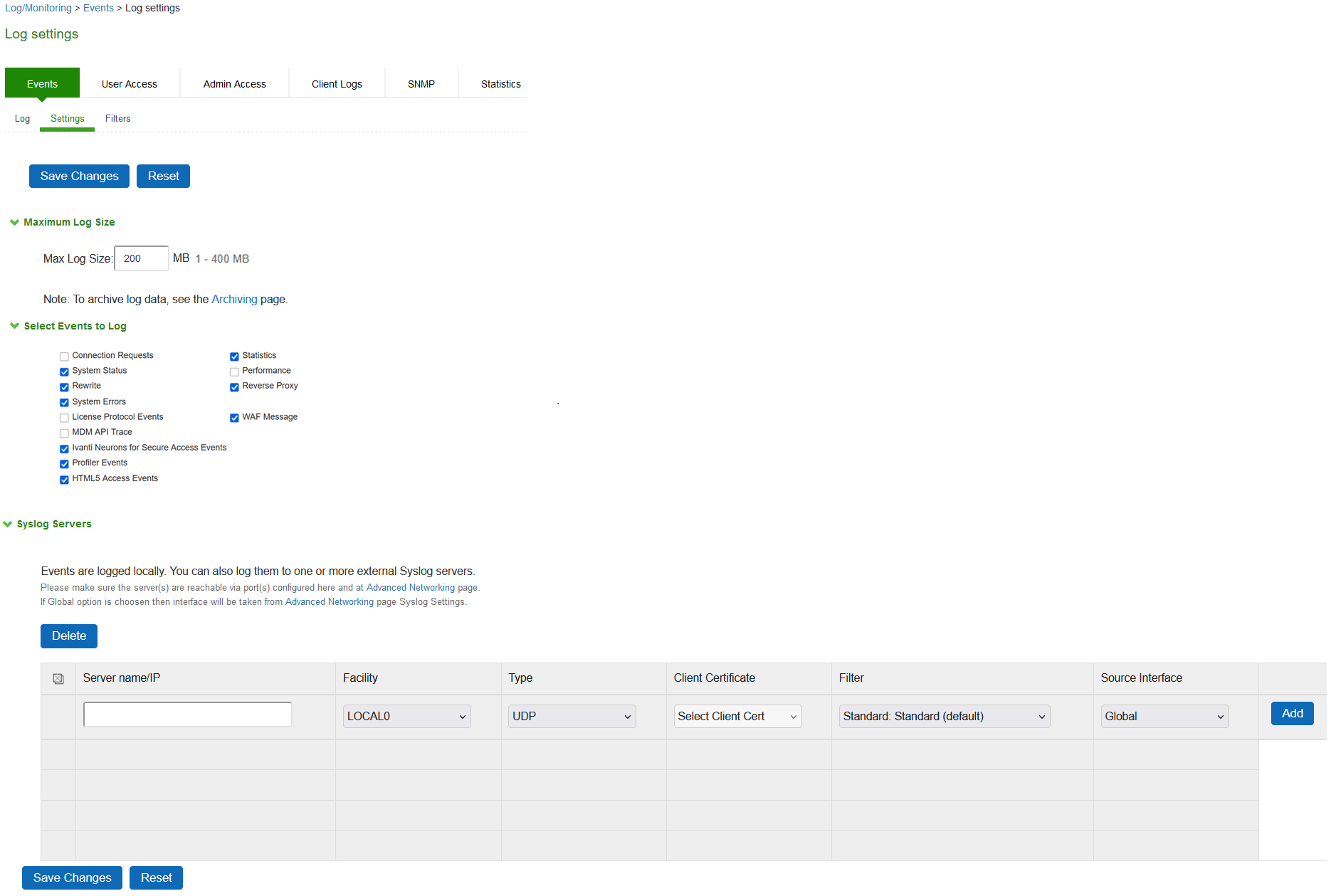 Log Events Settings Configuration Page