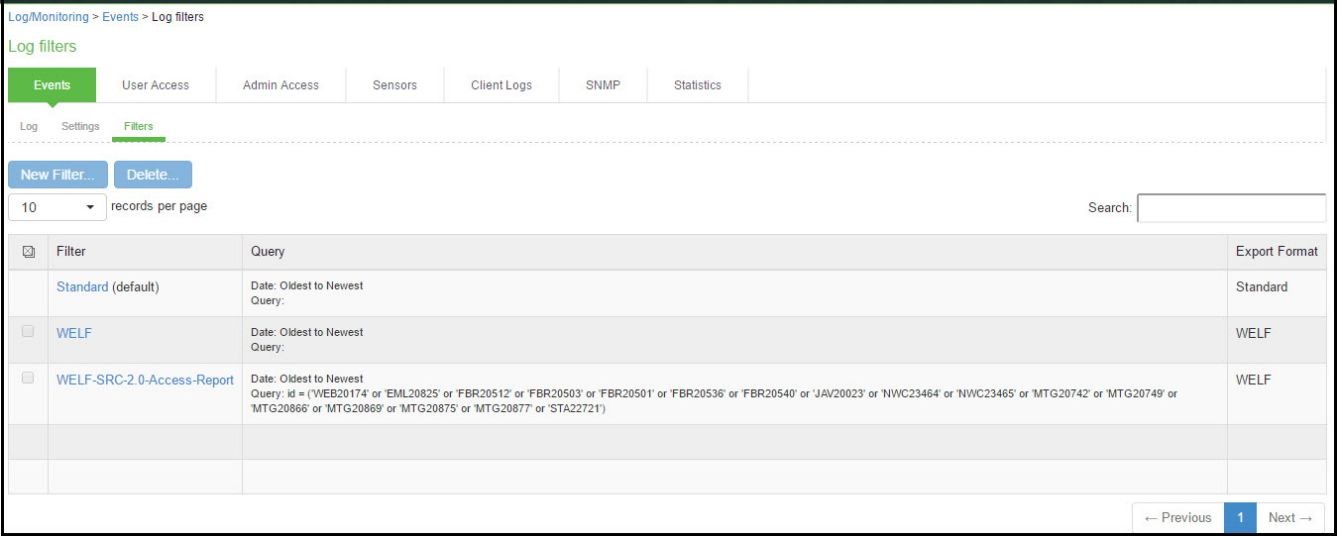 Log Filters Page