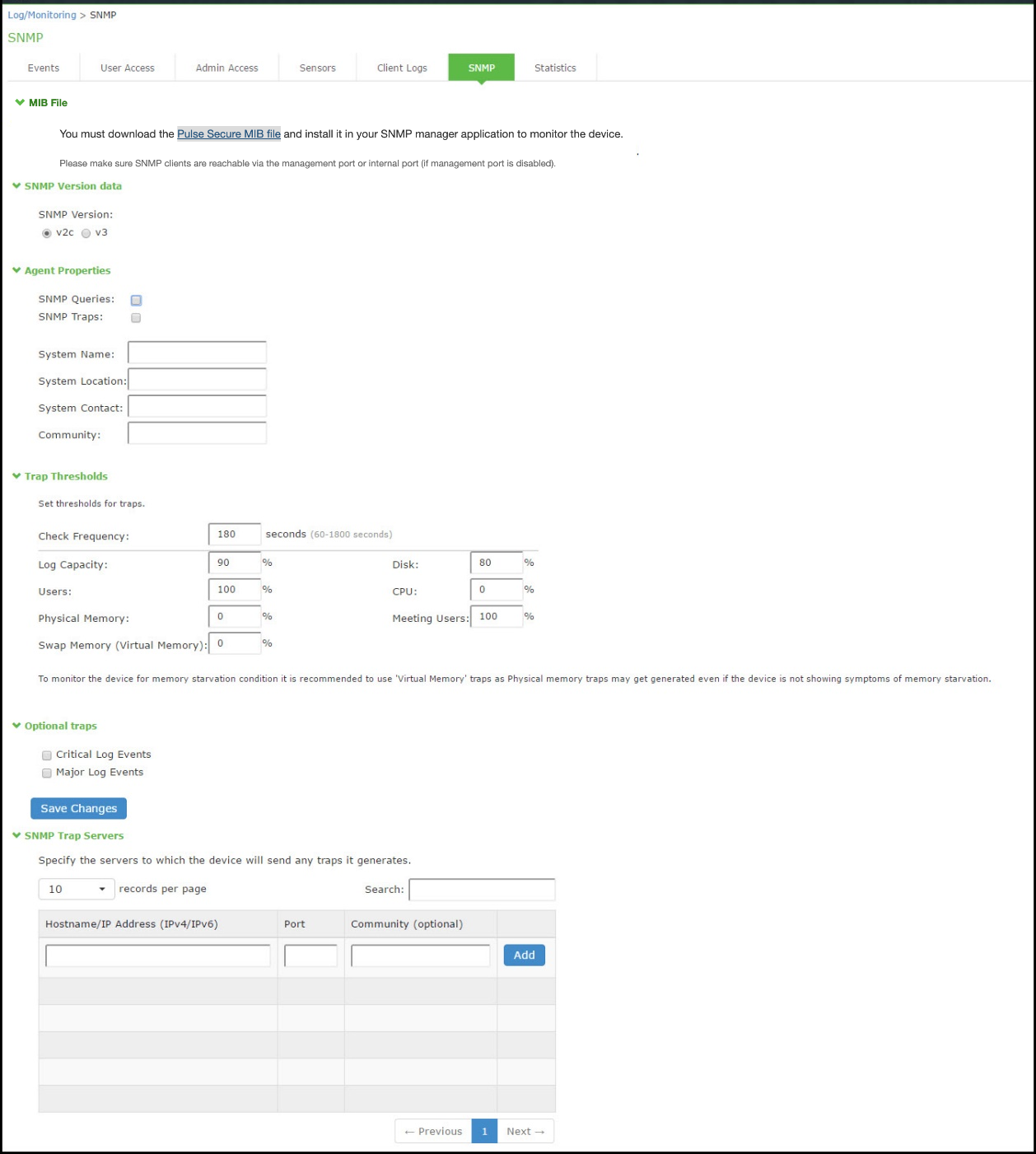 SNMP Configuration Page