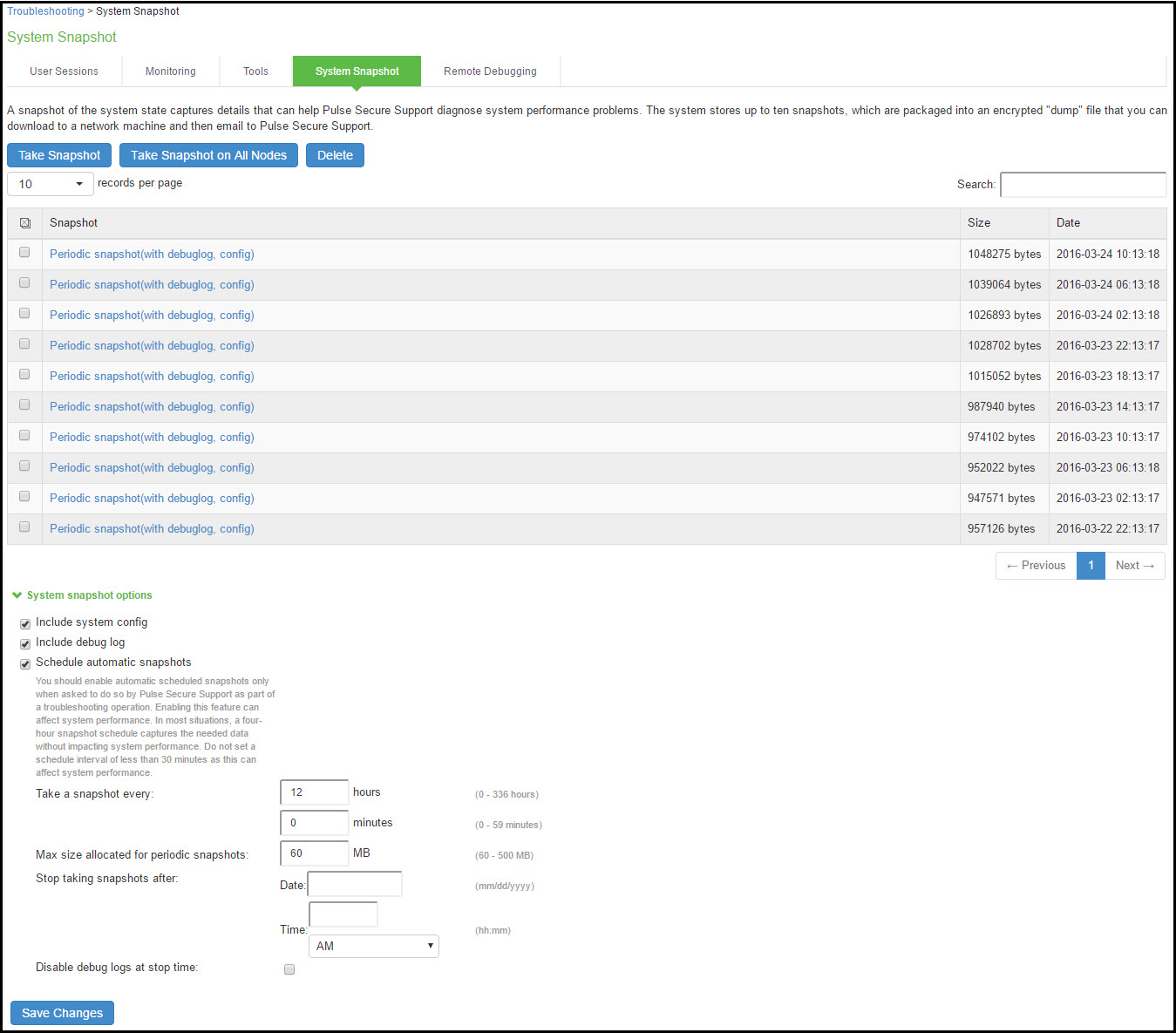 System Snapshot Configuration Page