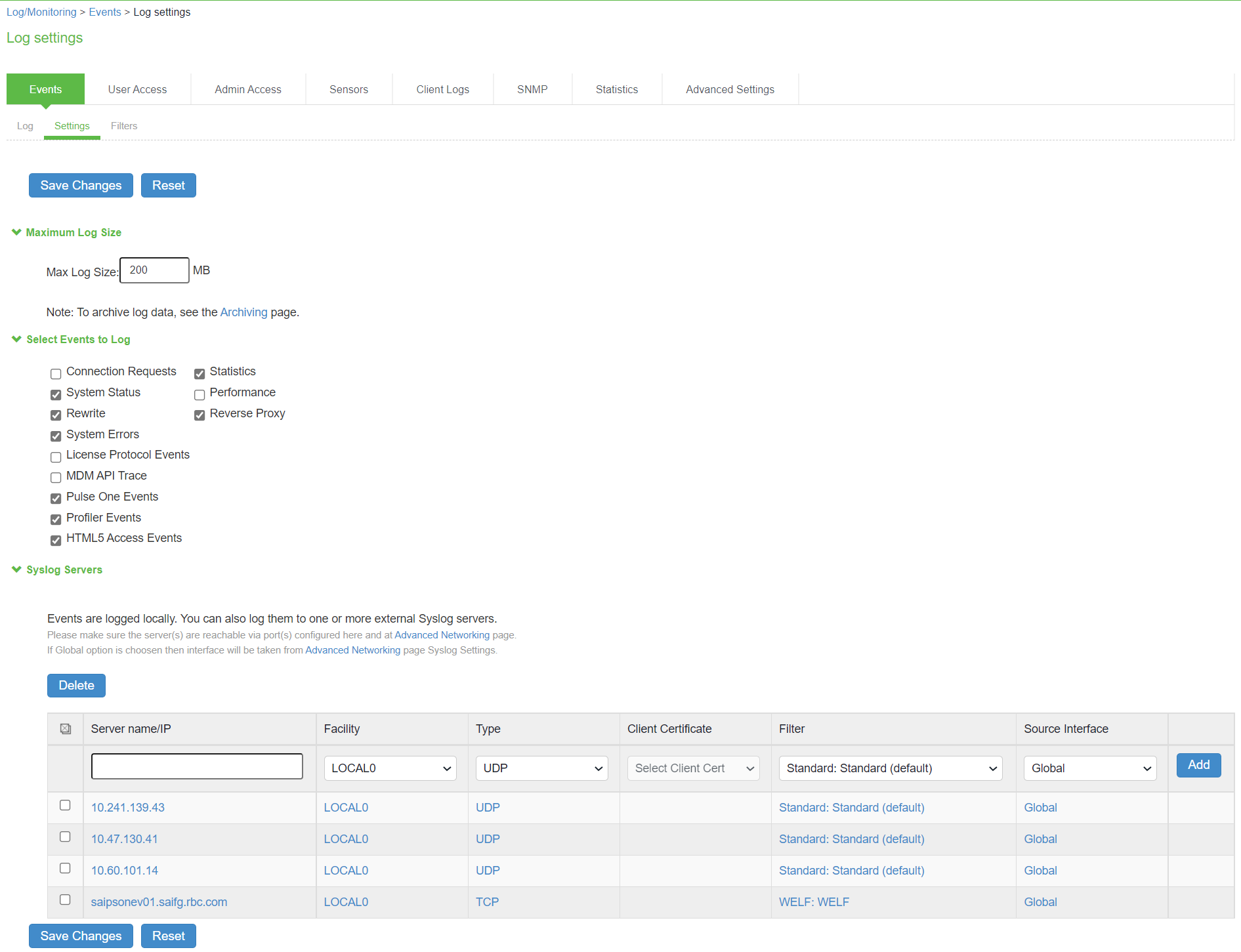 Syslog Server Configuration Page