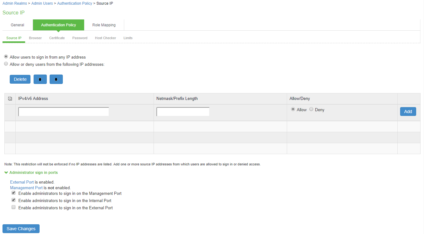 configuration page for administrator access