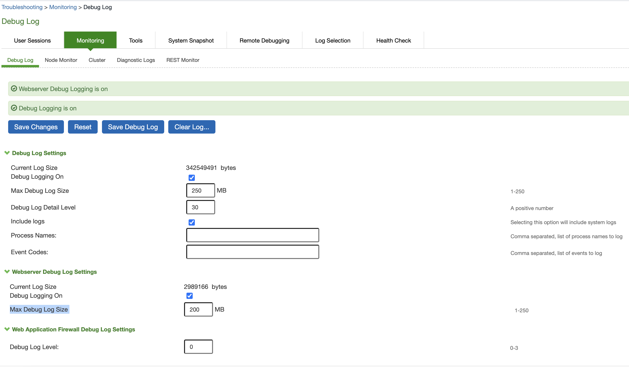 Debug Logging Configuration Page 