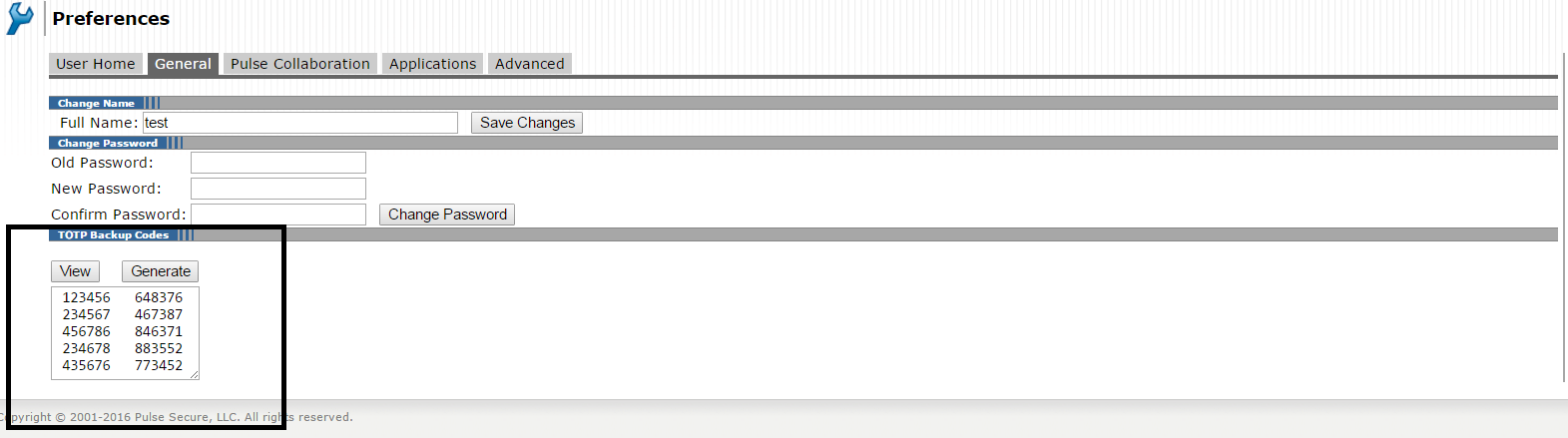 View Backup Codes