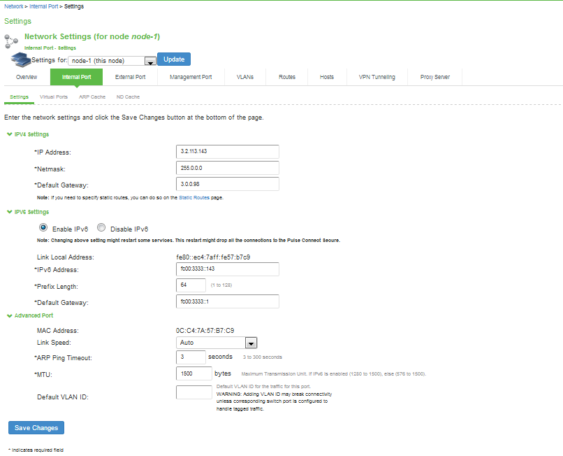 Internal Port Configuration Page