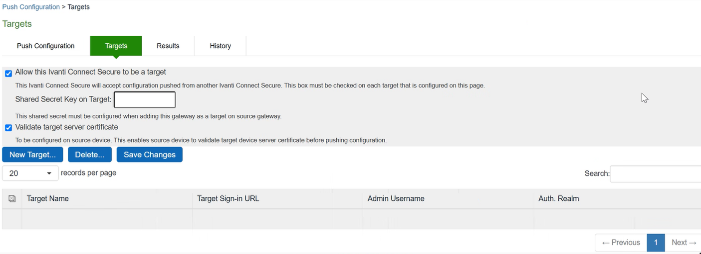 Push Configuration Target List and Source Device Settings Page
