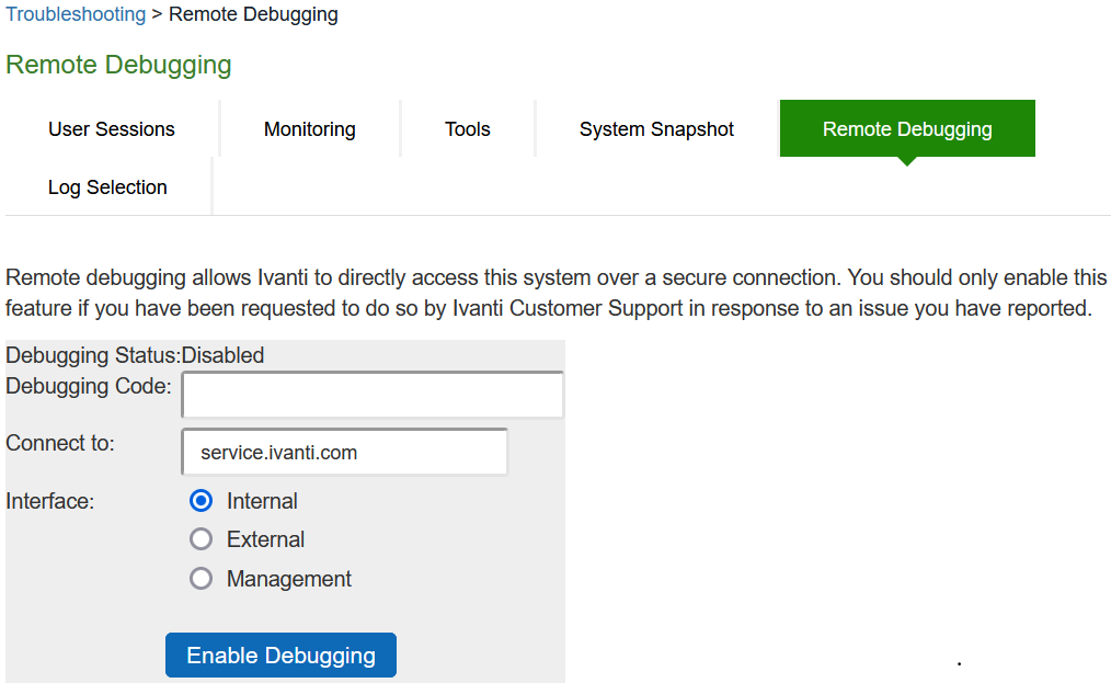 Remote Debugging Configuration Page