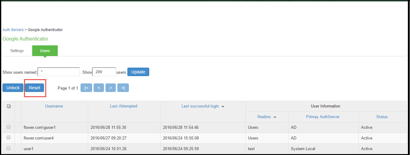 Resetting a User