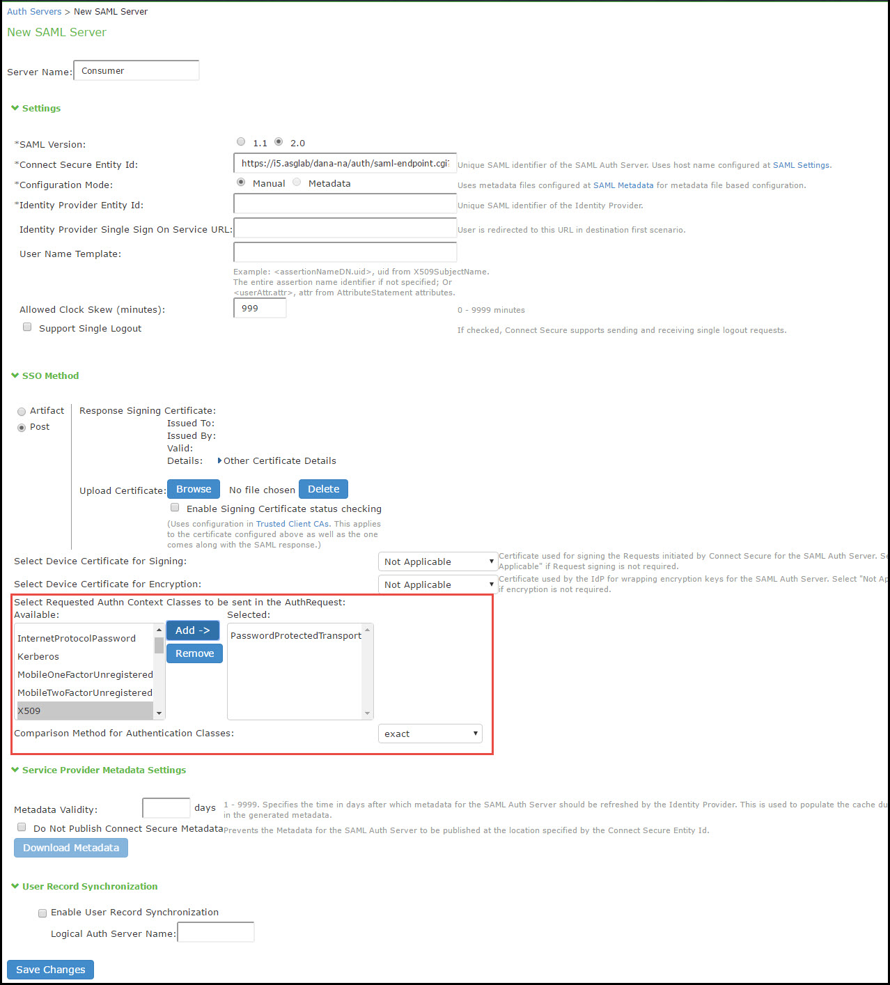 Authentication Server Configuration Page