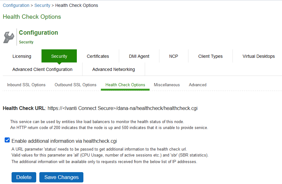 Health Check configuration page