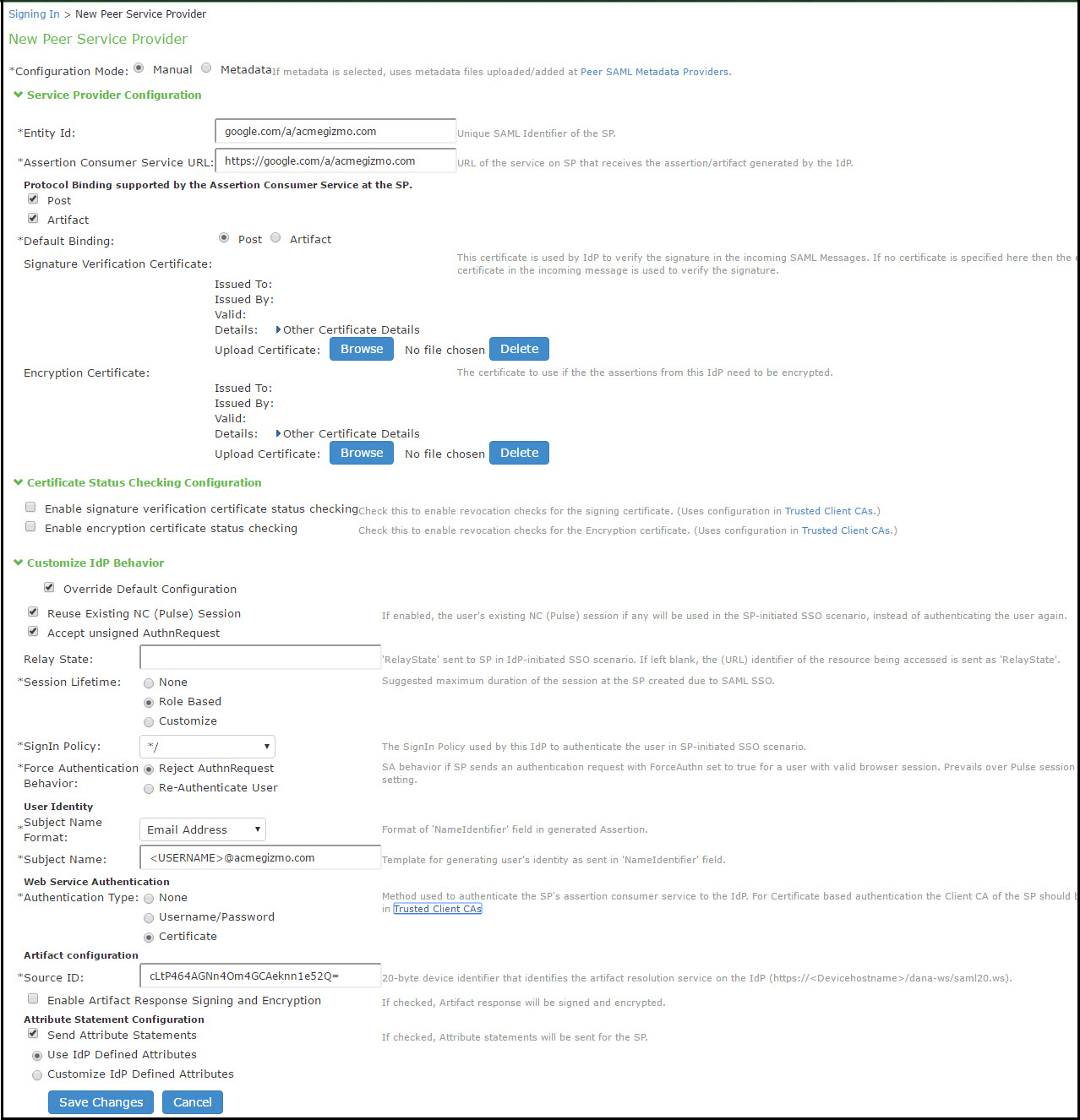 Peer SP Settings