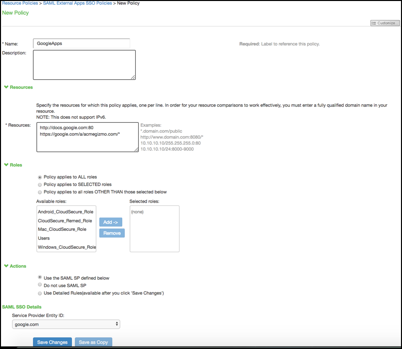 SAML External Apps SSO Policy Settings