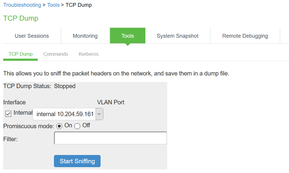 TCP Dump Configuration Page