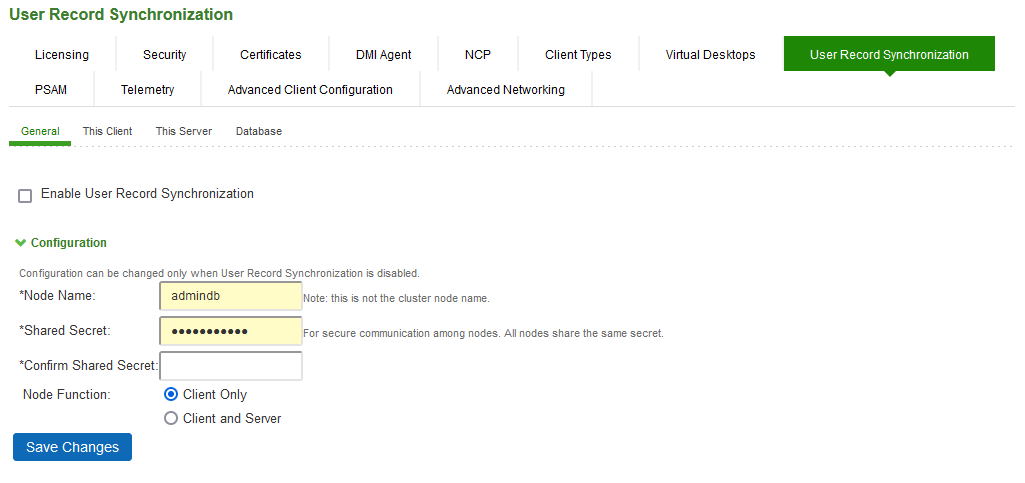 User Record Synchronization General Settings Configuration Page