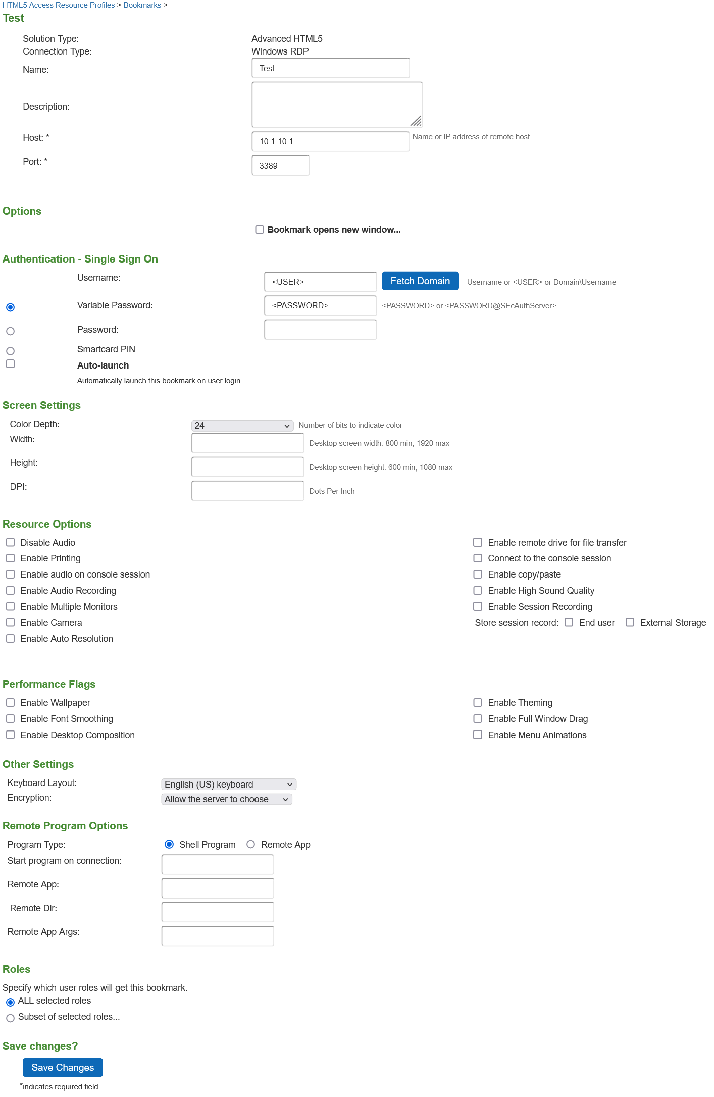 Creating a HTML5 Access Resource Profile - Bookmarks Configuration