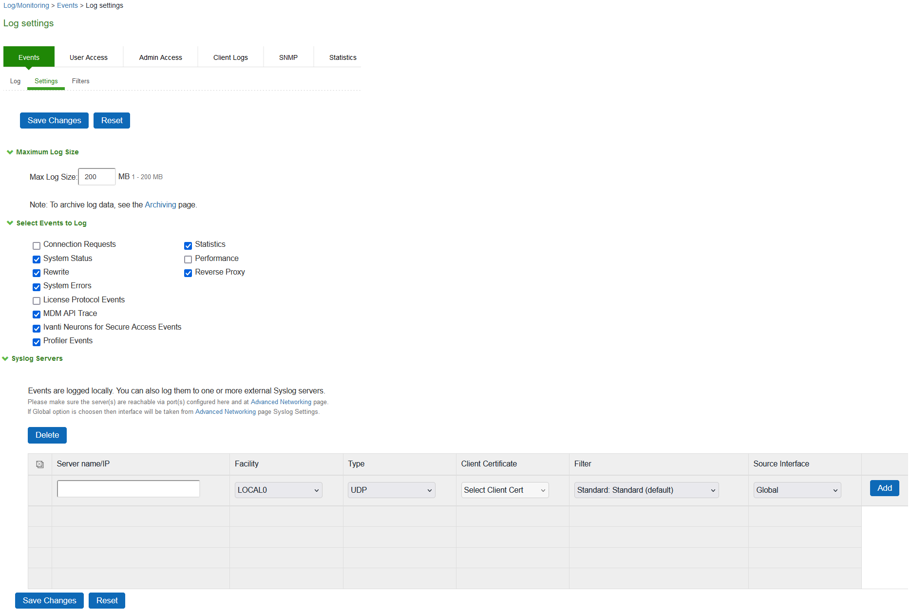 Log Events Settings Configuration Page
