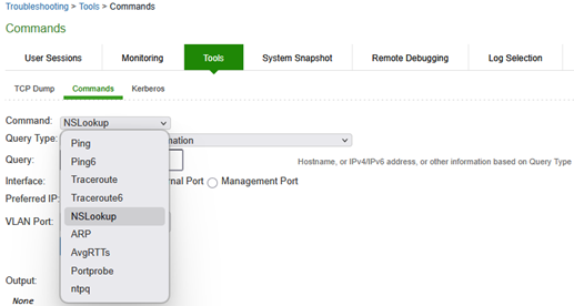 Network Troubleshooting Commands Configuration Page
