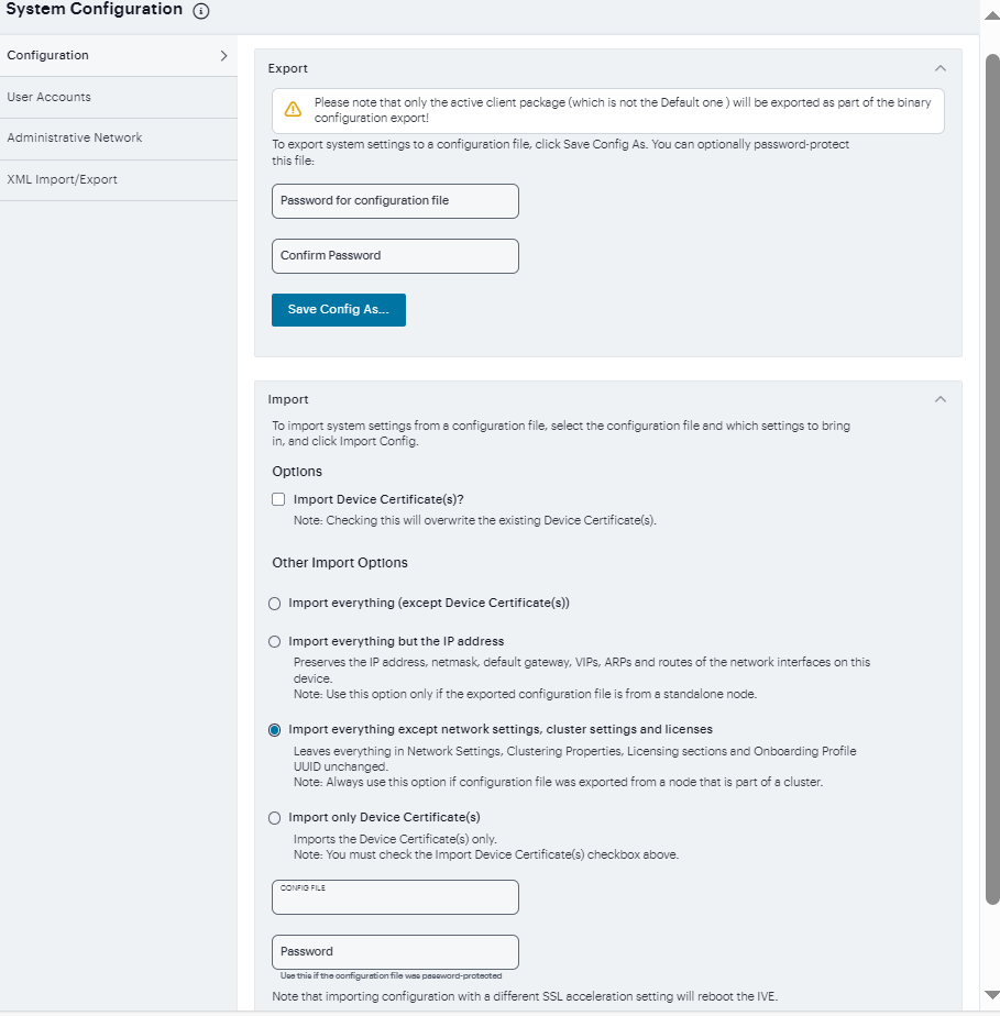 Export Binary System Configuration File Configuration Page
