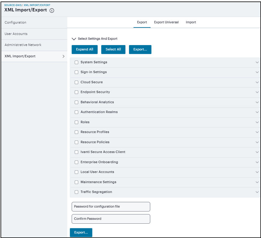 Export XML File Configuration Page