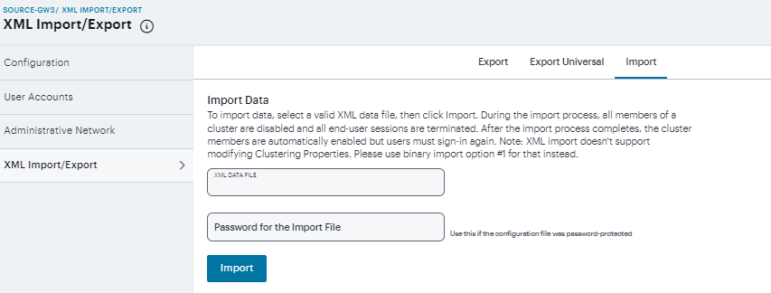 Import XML File Configuration Page