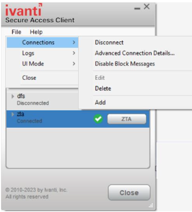 Manually disabling a nZTA connection through the Ivanti Secure Access Client application menu