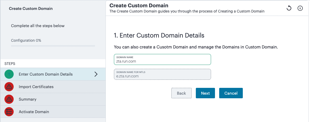 Using the Create Custom Domain workflow - step 1