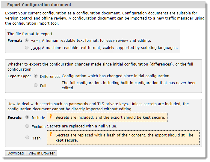 Exporting a Configuration Document From the Admin UI