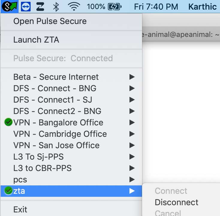 Manually disabling a nZTA connection through the Ivanti Secure Access Client System Tray control