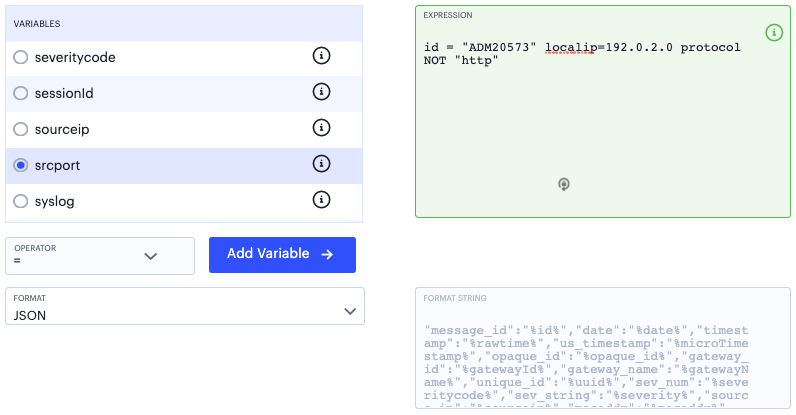 Building a custom syslog filter expression based on the log fields: message ID, local IP address, and protocol.