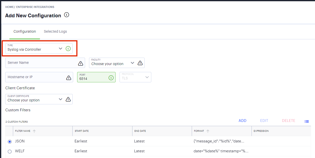 Add a new Syslog Server configuration