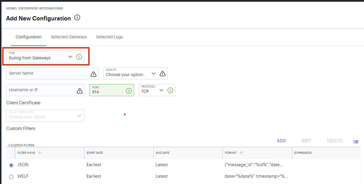 Add a new Syslog Server configuration