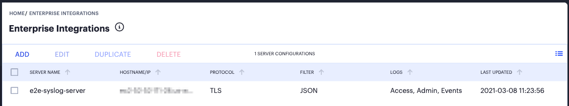 Viewing Enterprise Integration Syslog Servers