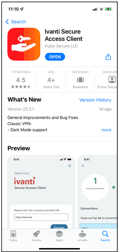 Searching the iOS App Store for Ivanti Secure Access Client