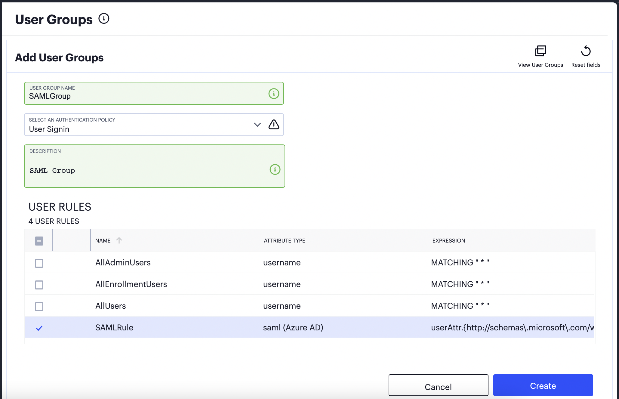 Configuring a User Rule Group with a User Authentication Policy and User Rule