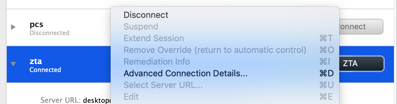 Manually disabling a nZTA connection through the Ivanti Secure Access Client connection list context menu