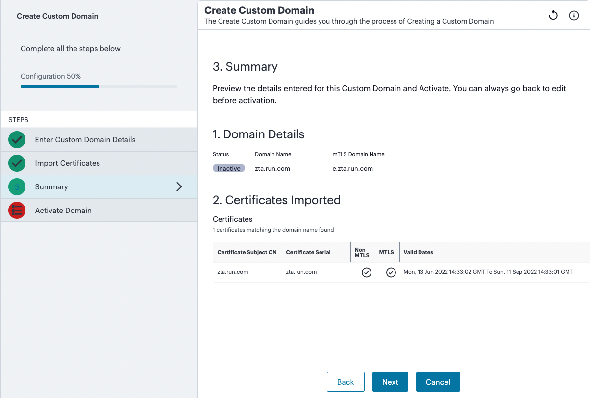 Using the Create Custom Domain workflow - step 3