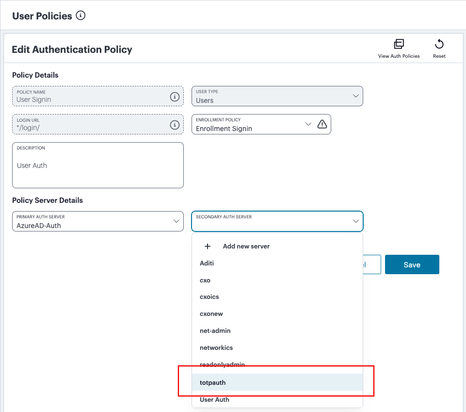 Selecting a secondary TOTP authentication method for this policy