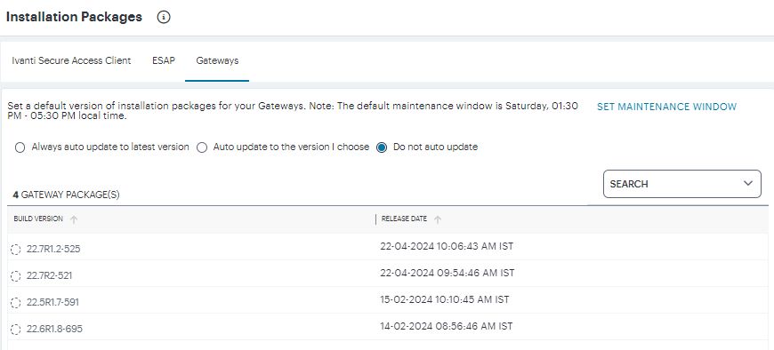 View a list of available Gateway installation packages and set a schedule for upgrades