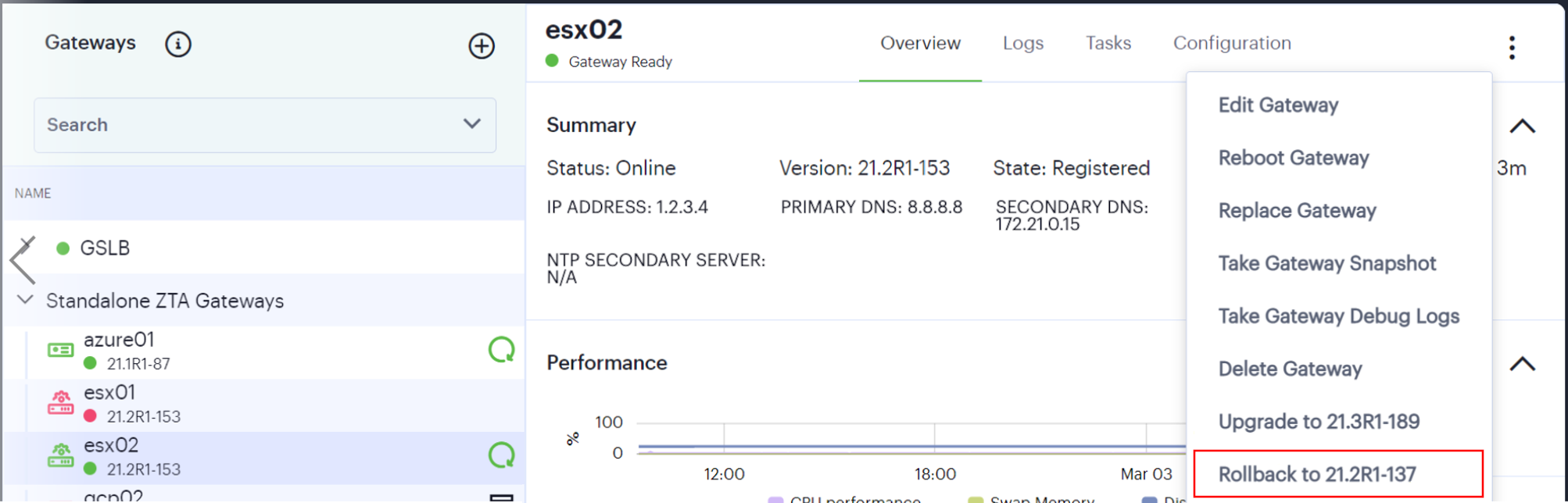 Viewing the Gateway version rollback option