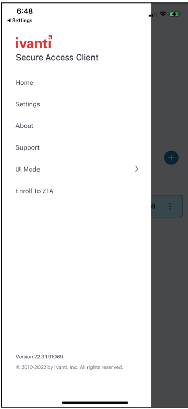 The Ivanti Secure Access Client app menu