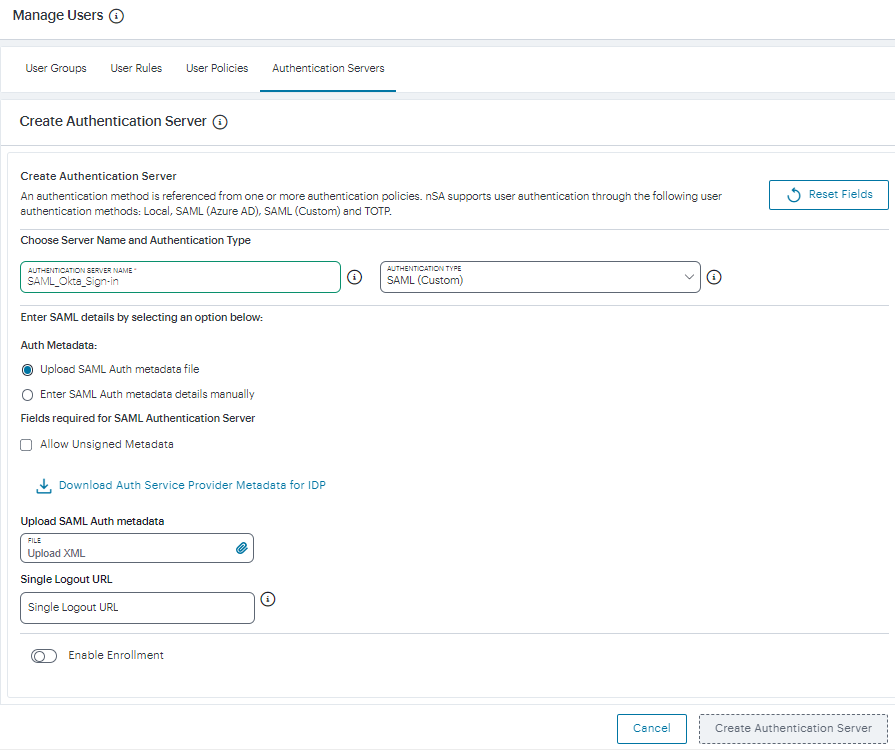 Configuring Okta SAML authentication settings