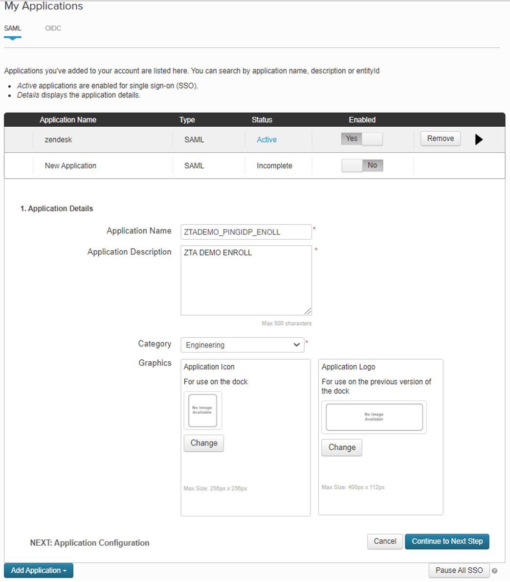 Entering a name and description for your new PingID application