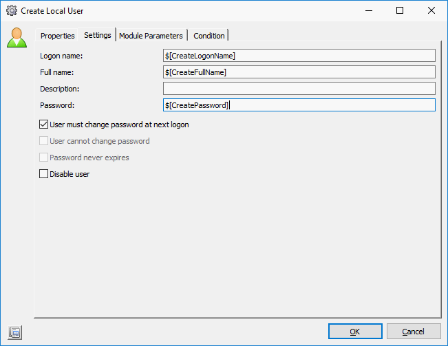 Create Local User task, fields filled with parameters