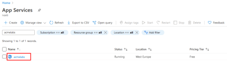App Services search results