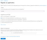 Register an application window overview, containing three sections: name, supported account types and redirect URL (optional).