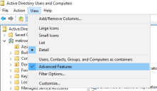 Active Directory Users and Computers window, View menu, Advanced Features option.