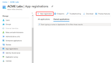 Location of the New Registration button in left side menu Manage, App registrations, right pane toolbar.